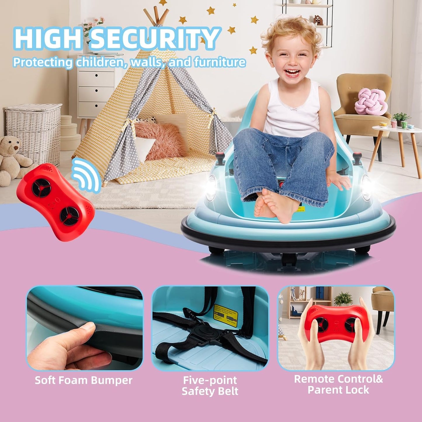 12V children's bumper cars, suitable for toddlers, electric remote control, with LED lights.