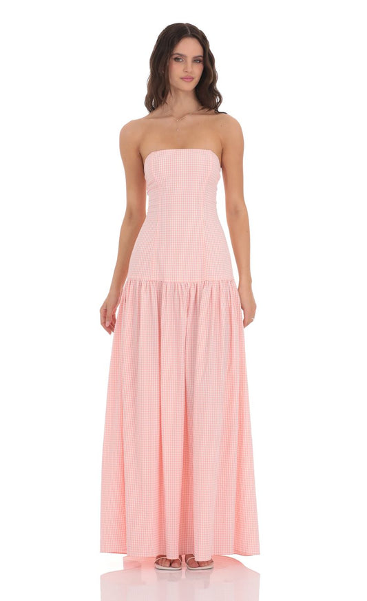Gingham Strapless Drop Waist Maxi Dress