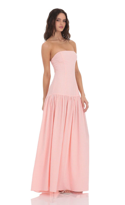 Gingham Strapless Drop Waist Maxi Dress