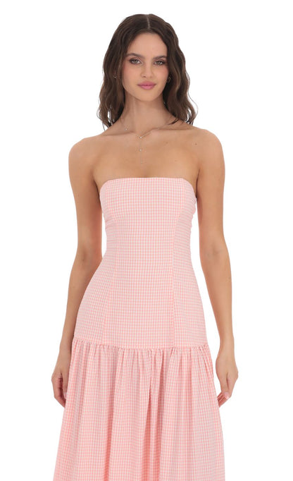 Gingham Strapless Drop Waist Maxi Dress